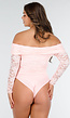 Stijlvolle Roze Off-Shoulder Lace Body met Lange Mouwen