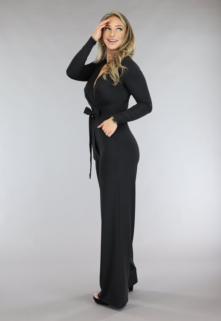 Zwarte Jumpsuit met Wijde Pijpen en Tailleband
