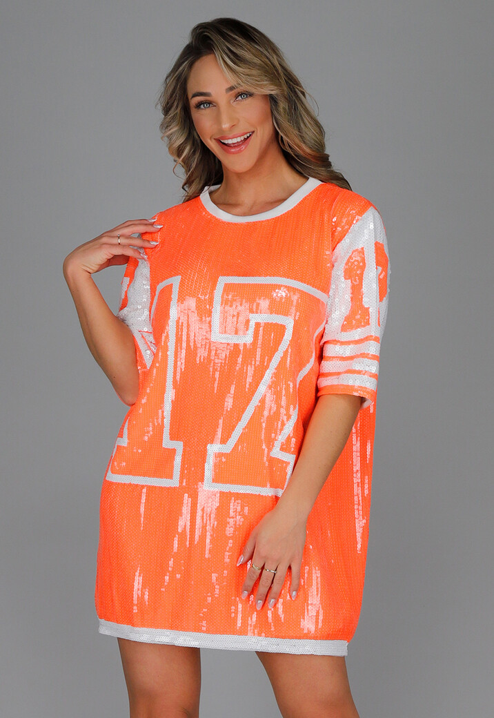 Neon Oranje Koningsdag Jersey Jurk met Pailletten