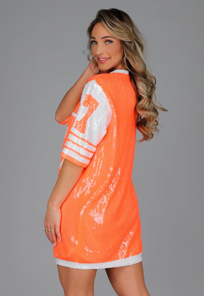 Neon Oranje Koningsdag Jersey Jurk met Pailletten