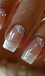 Vierkante Witte Ombre French Kunstnagels met Zilveren Glitters Swirl