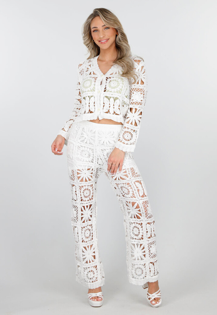 Gehaakte Witte Tweedelige Set met Vest en Broek