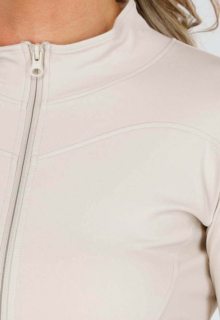 Getailleerd Beige Stretch Sportvest met Duimgaten en Opstaande Kraag