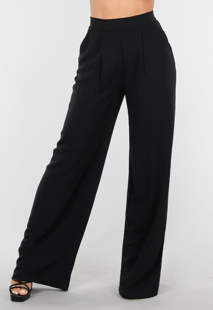 High Waist Zwarte Linnen Look Broek met Tailleband