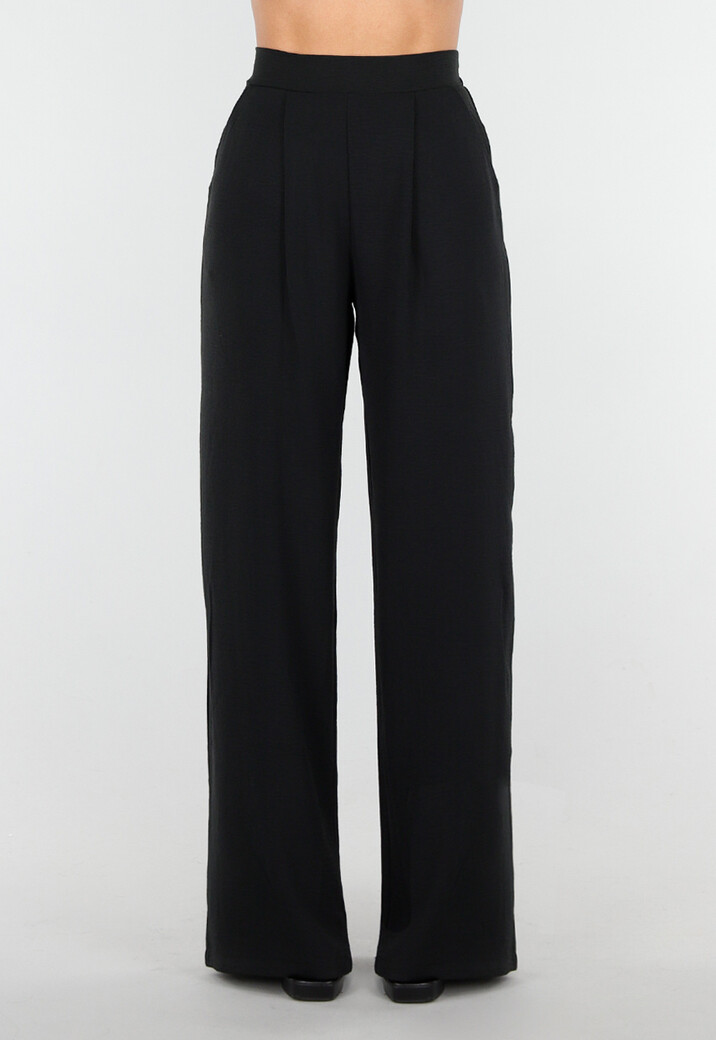 High Waist Zwarte Linnen Look Broek met Tailleband