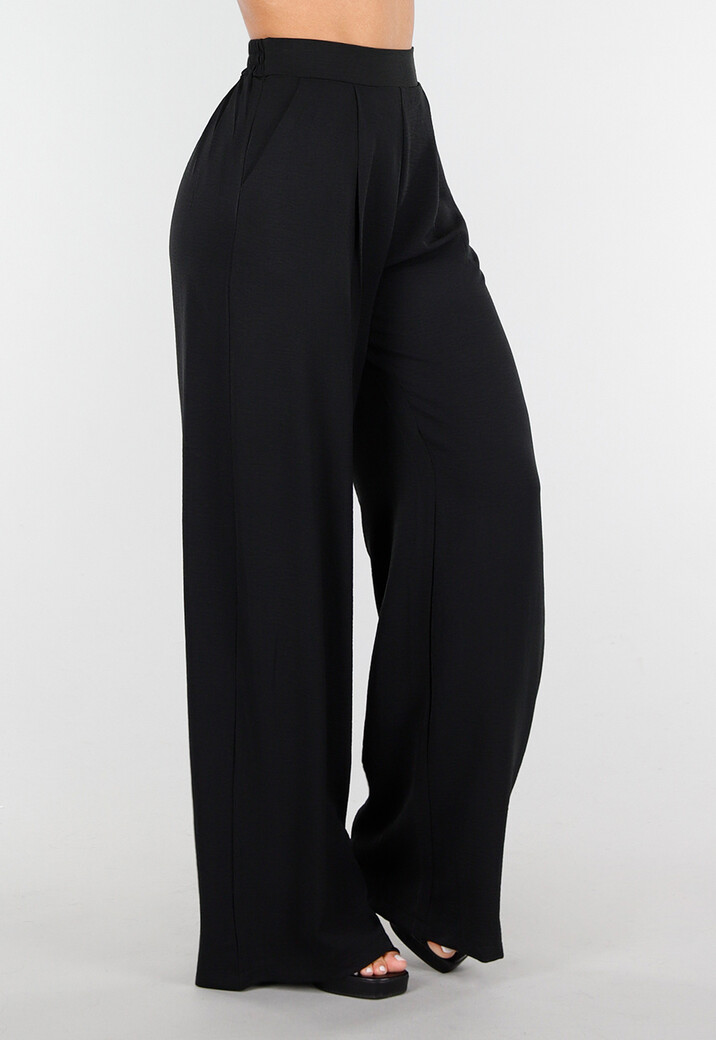 High Waist Zwarte Linnen Look Broek met Tailleband