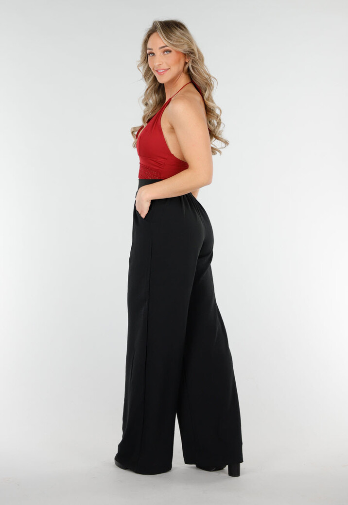 High Waist Zwarte Linnen Look Broek met Tailleband