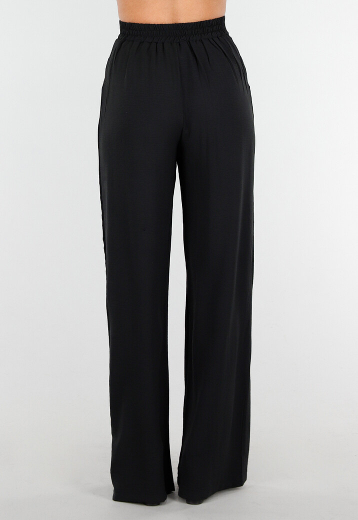 High Waist Zwarte Linnen Look Broek met Tailleband
