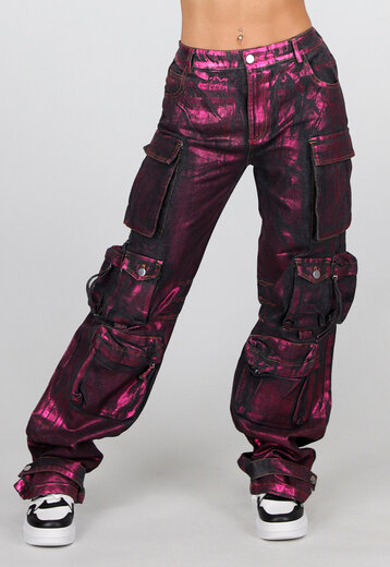 Zwarte Mid Waist Tall Cargo Jeans met Roze Metallic coating