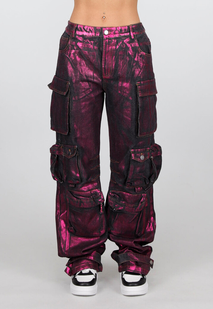 Zwarte Cargo Jeans met Roze Metallic Coating en Zakken