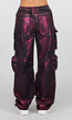 Zwarte Cargo Jeans met Roze Metallic Coating en Zakken
