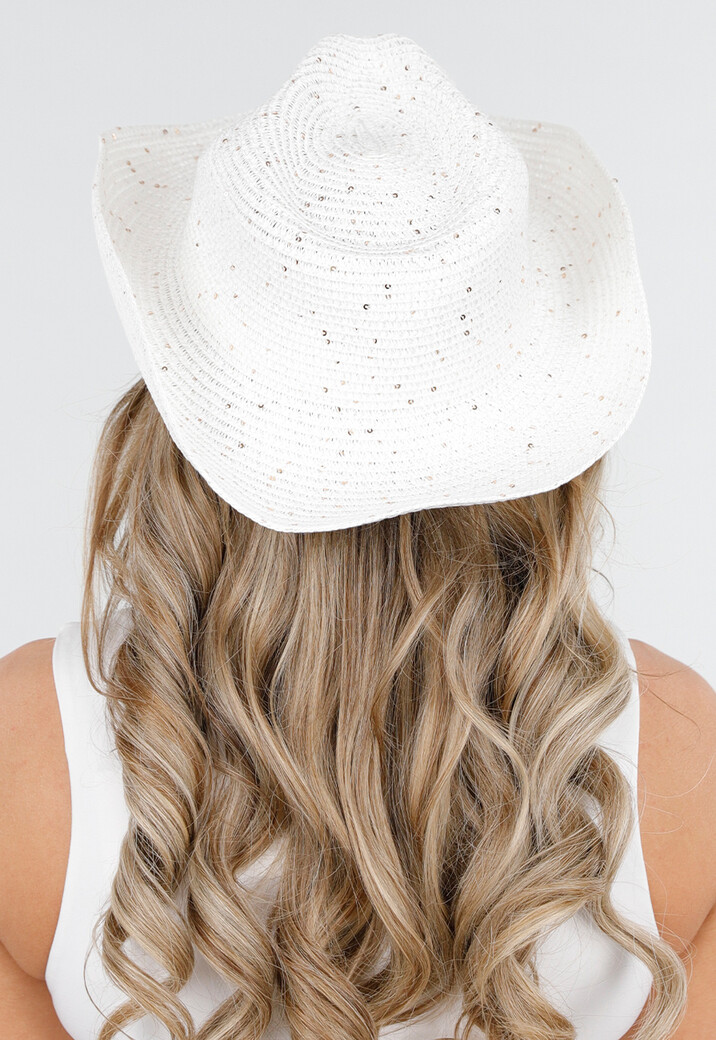 Witte Hoed met Gouden Pailletten en Bruin Aantrekkoord