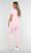 Roze Stretch Sport Jumpsuit met Ritssluiting en Korte Mouwen