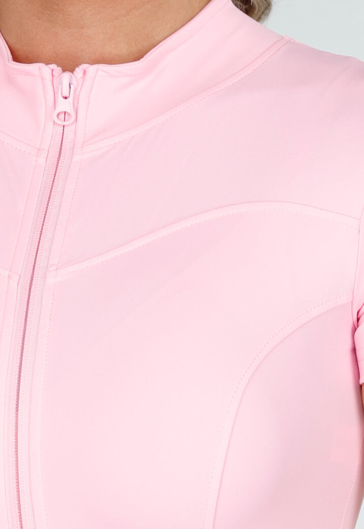 Roze Stretch Sport Jumpsuit met Ritssluiting en Korte Mouwen