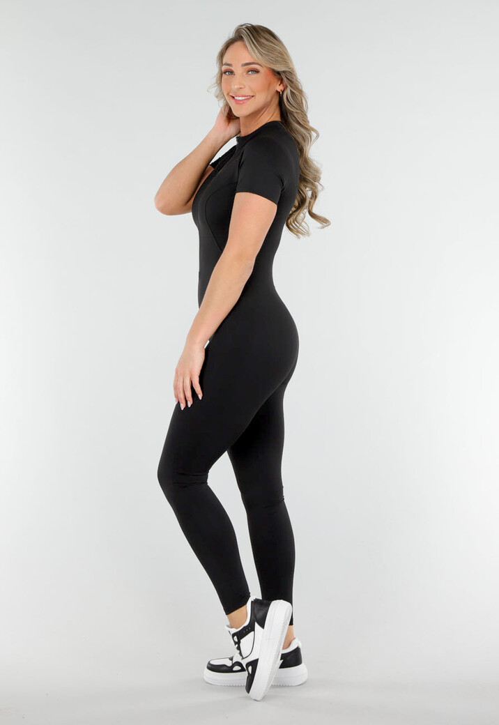 Zwarte Stretch Jumpsuit met Ritsluiting en Opstaande Kraag