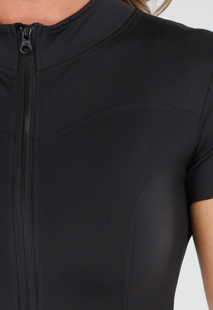 Zwarte Stretch Jumpsuit met Ritsluiting en Opstaande Kraag