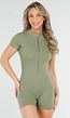 Khaki Groene Stretch Sport Playsuit met Korte Mouwen en Pijpjes