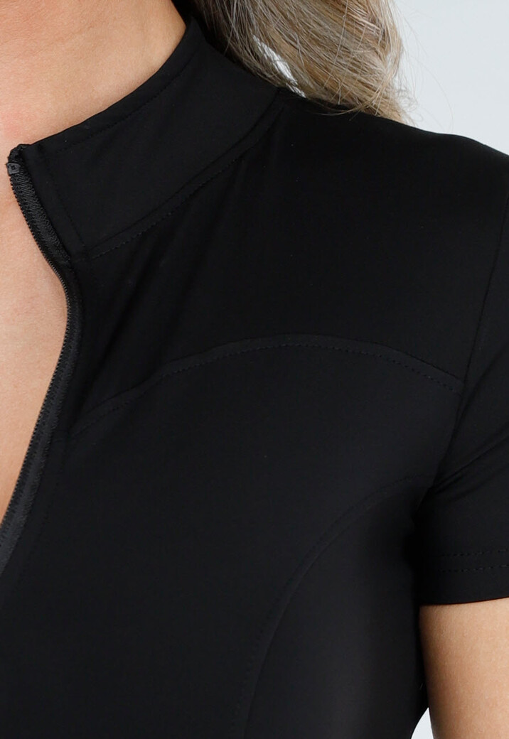 Zwarte Stretch Sport Playsuit met Ritssluiting en Korte Mouwen
