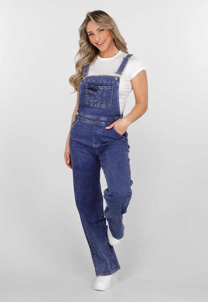 Blauwe Denim Tuinbroek met Bretels en Knoopsluiting