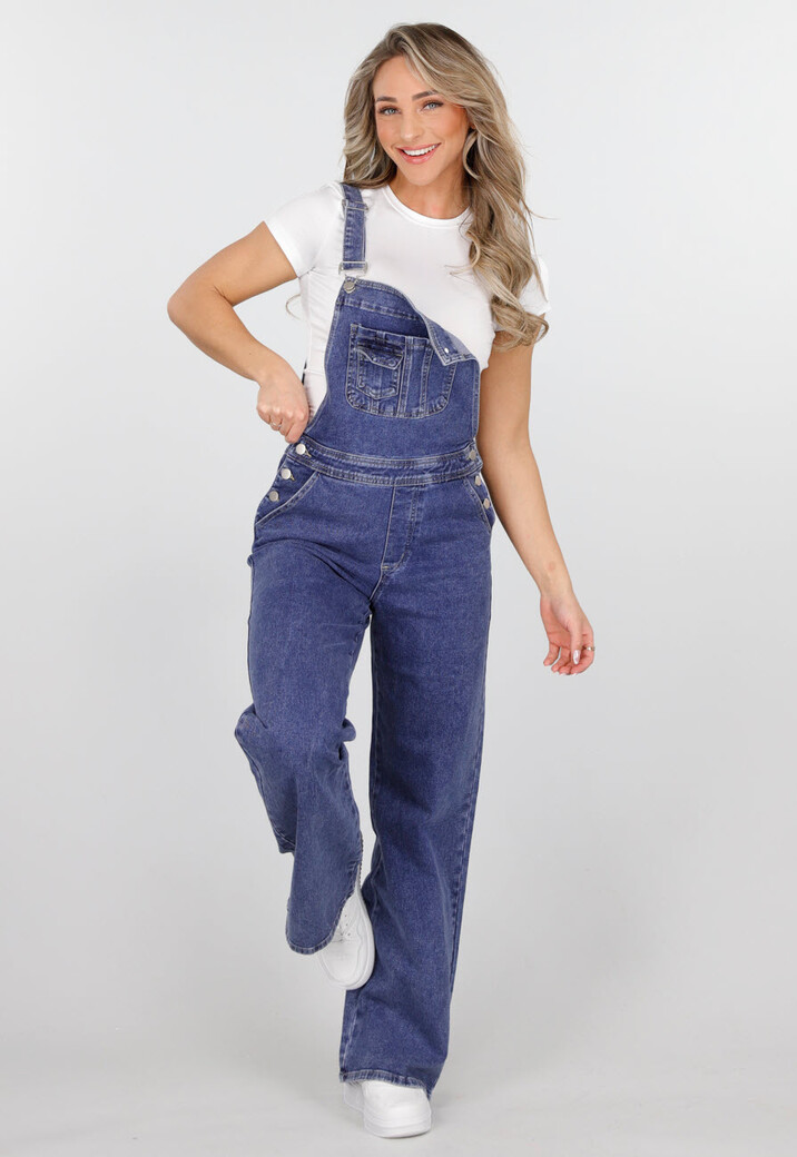 Blauwe Denim Tuinbroek met Bretels en Knoopsluiting