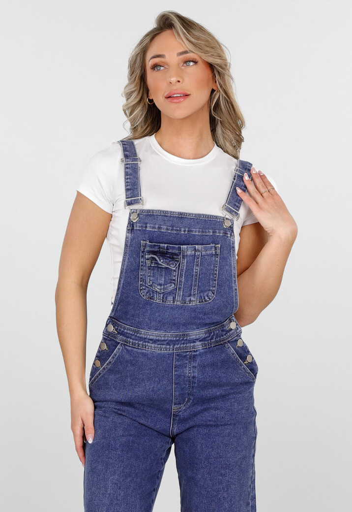 Blauwe Denim Tuinbroek met Bretels en Knoopsluiting