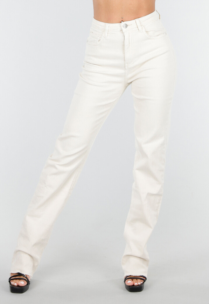 Beige Stretch Straight Leg Jeans Tall met Gerafelde Onderkant