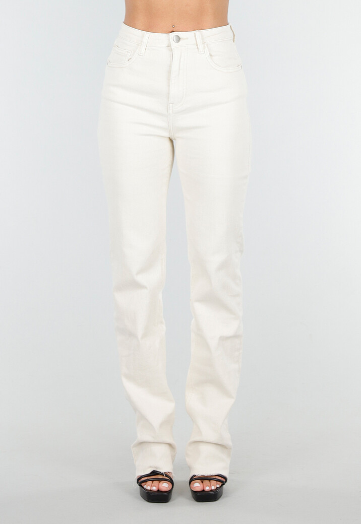 Beige Stretch Straight Leg Jeans Tall met Gerafelde Onderkant