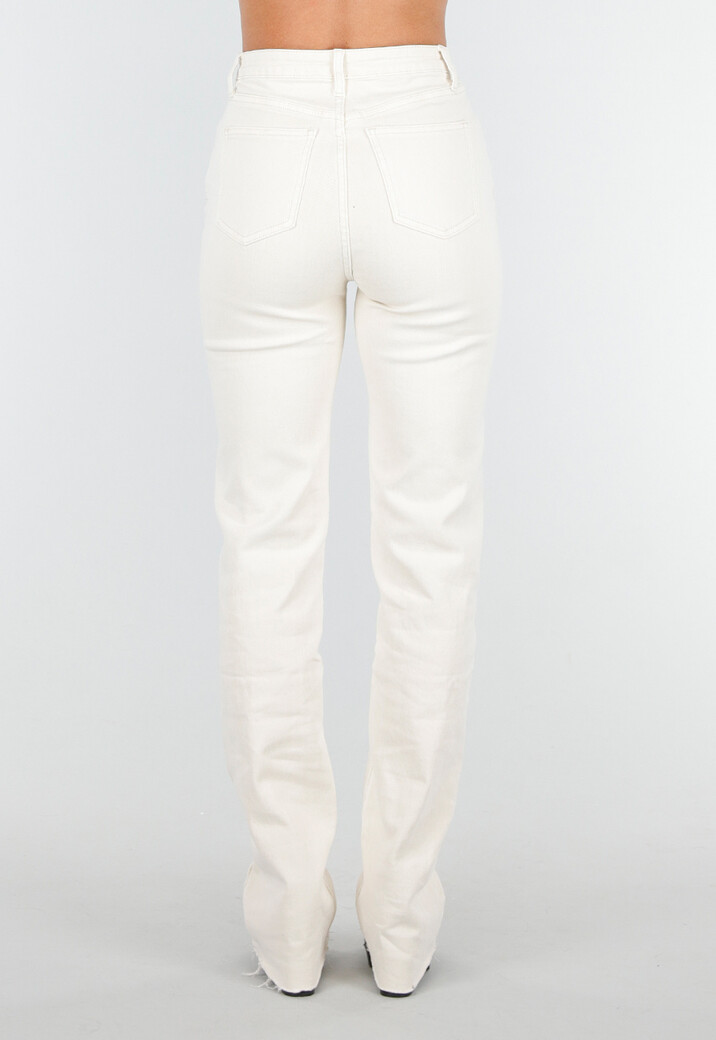 Beige Stretch Straight Leg Jeans Tall met Gerafelde Onderkant