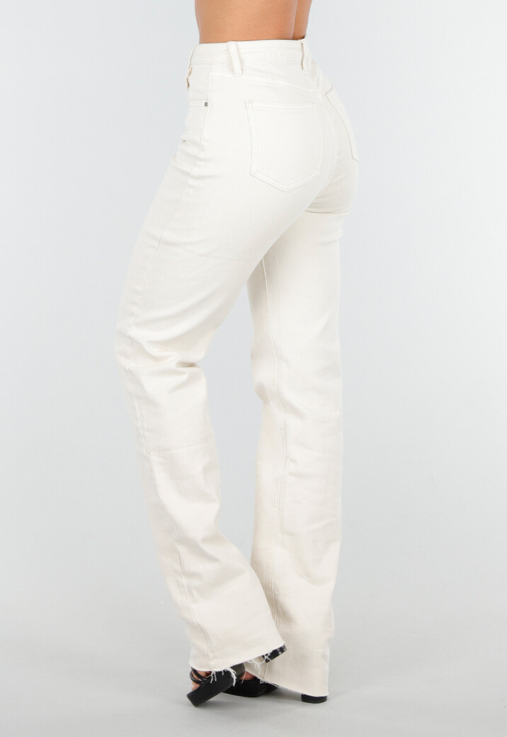 Beige Stretch Straight Leg Jeans Tall met Gerafelde Onderkant