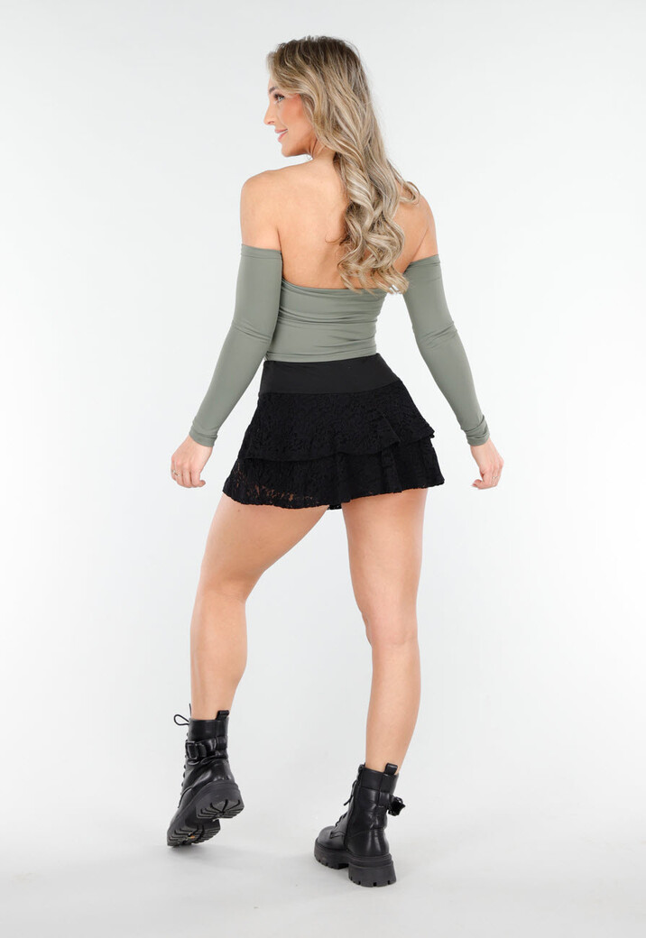 Zwarte Gelaagde Skort van Kant  met Ruffles en Brede Tailleband