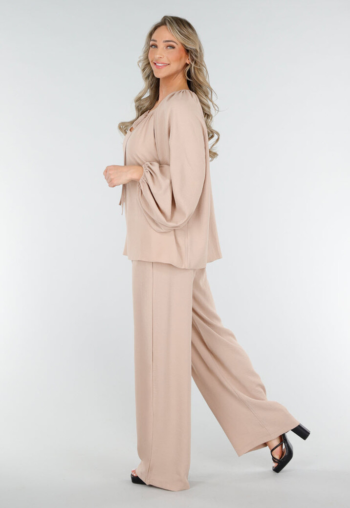 Beige Lange Mouwen Blouse met V-hals en Koordjes