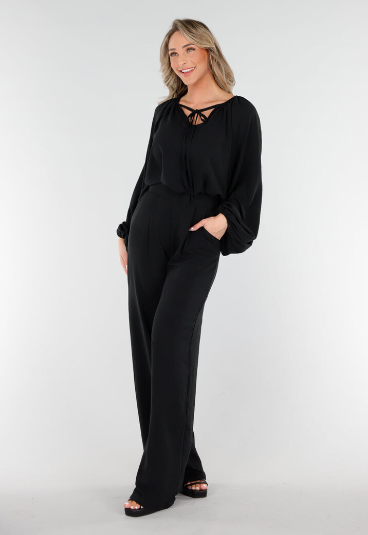 Zwart Geknoopte Blouse met V-hals en Lange Mouwen