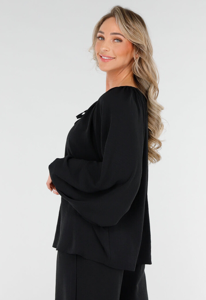 Zwart Geknoopte Blouse met V-hals en Lange Mouwen