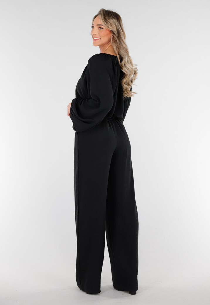 Zwart Geknoopte Blouse met V-hals en Lange Mouwen