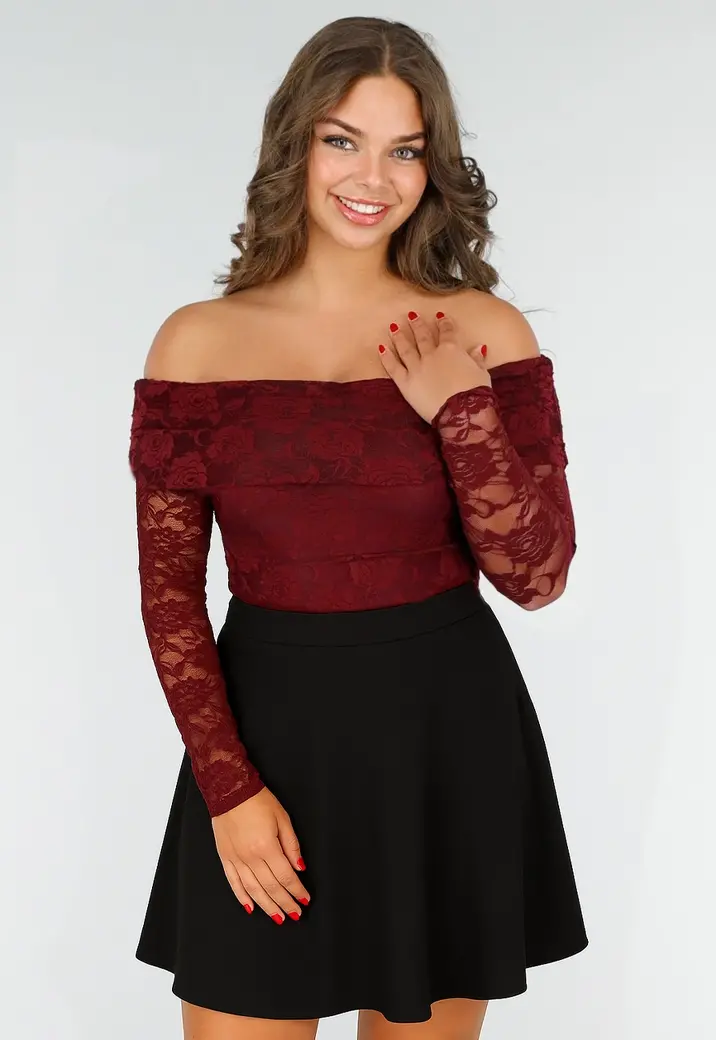 Elegante Kanten Body met Lange Mouwen in Bordeaux