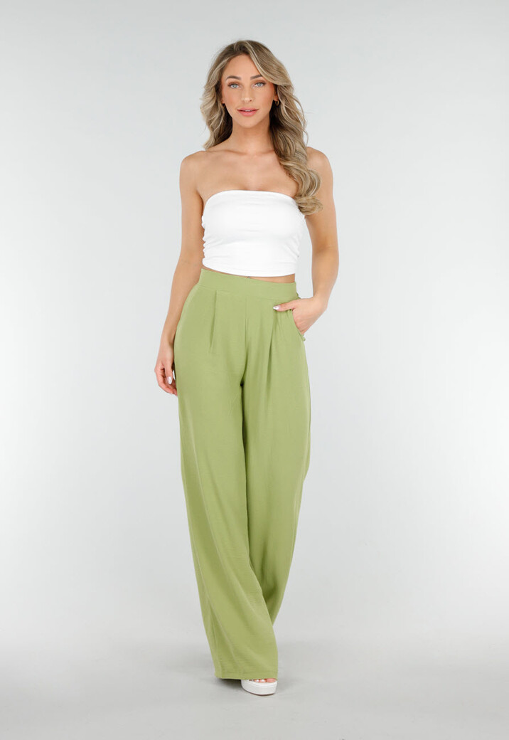 High Waist Olijfgroene Broek met een Linnenlook