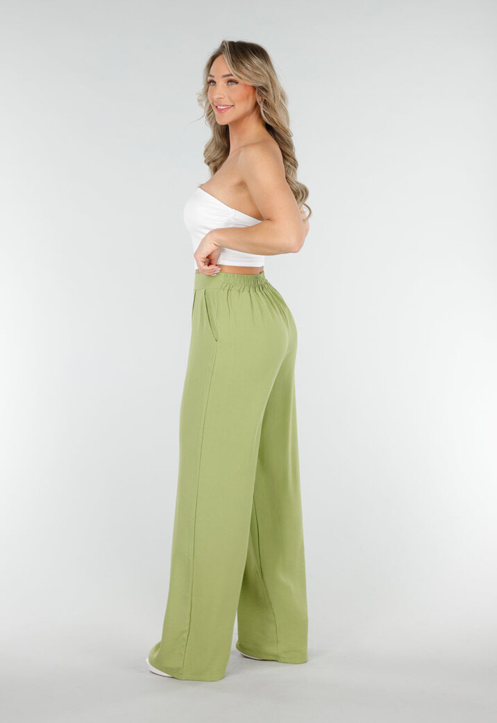 High Waist Olijfgroene Broek met een Linnenlook