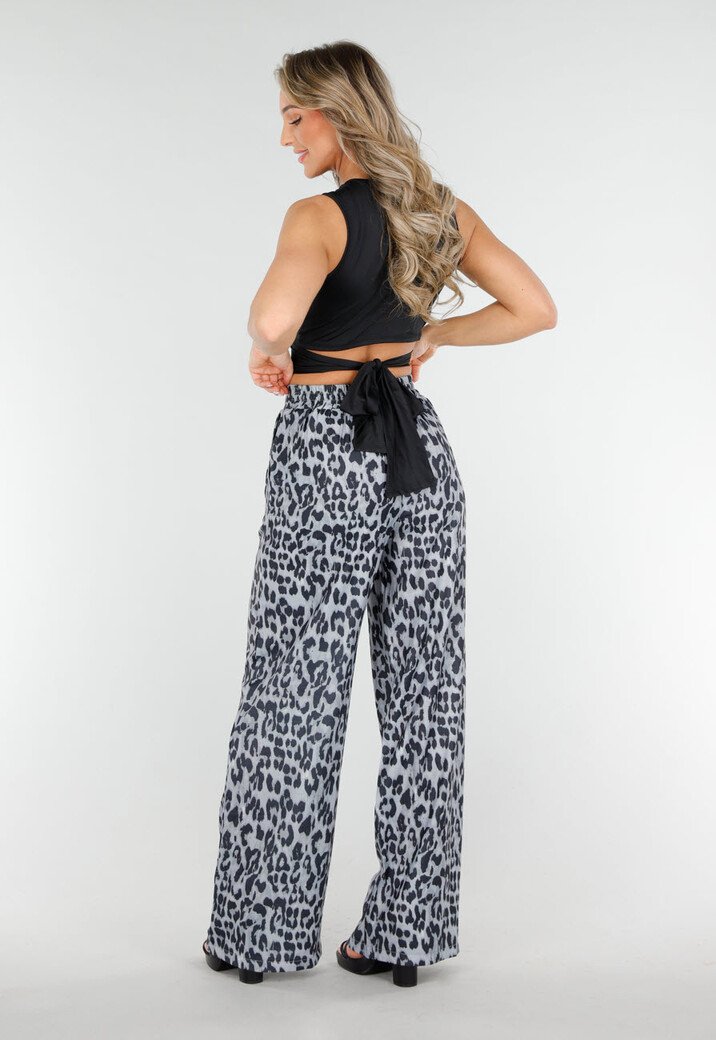 High Waist Leopard Print Linnelook Broek met Steekzakken