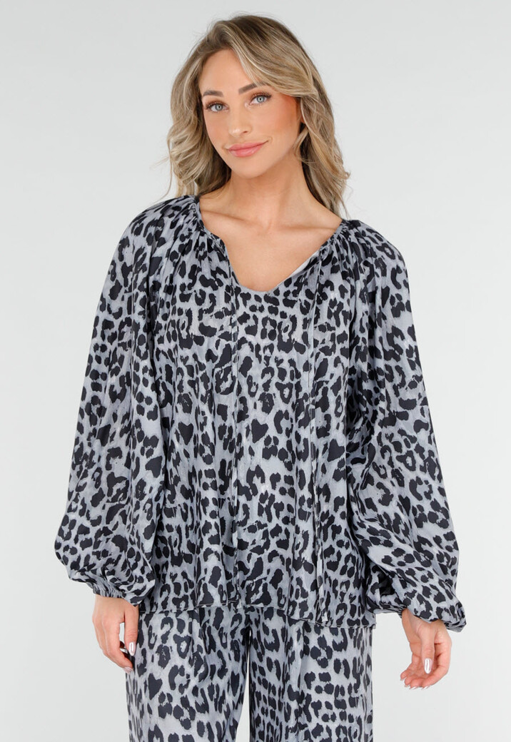 Leopard Print Lange Mouwen met Elastiek Blouse met Koordje