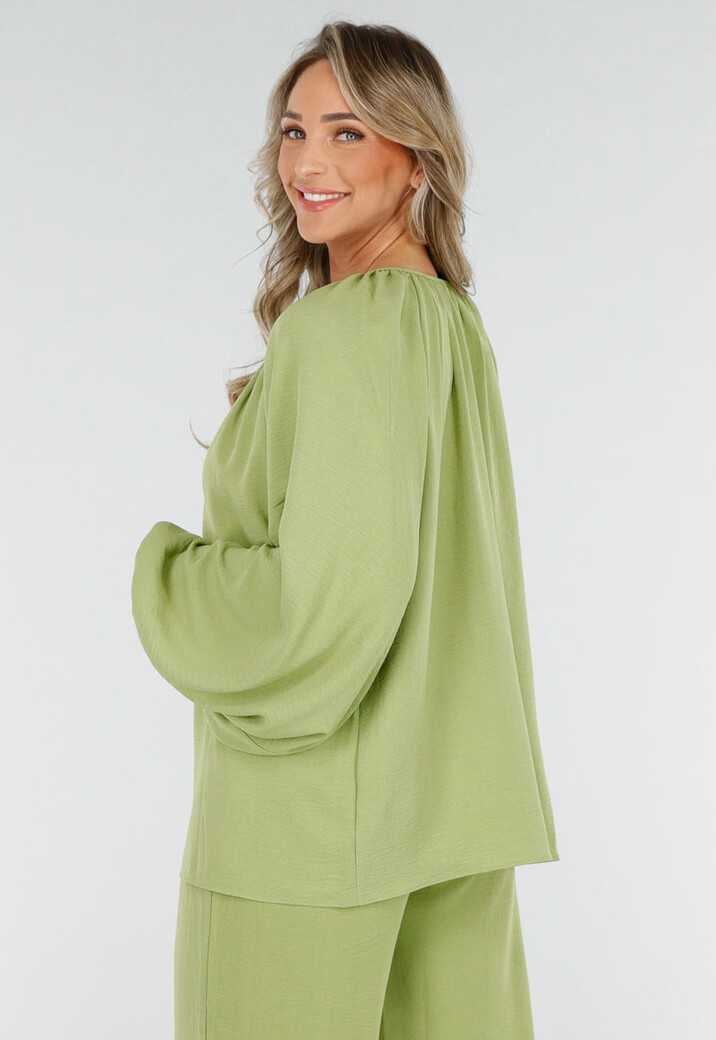 Olijfgroene Blouse met V-hals en Geknoopte Koordjes