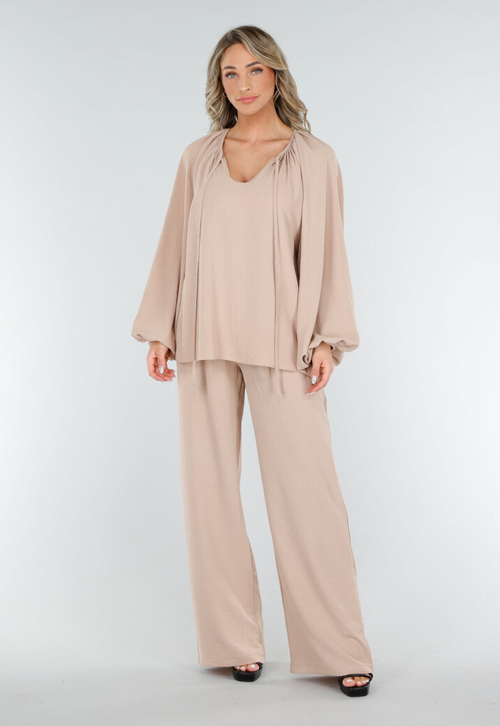 Beige Lange Mouwen Blouse met V-hals en Koordjes