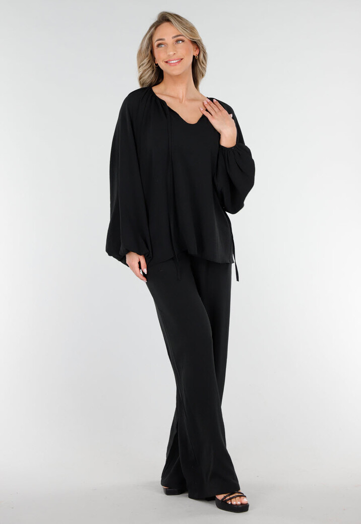 Zwart Geknoopte Blouse met V-hals en Lange Mouwen