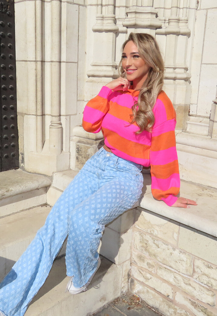 Oranje/Roze Trui met Horizontale Strepen