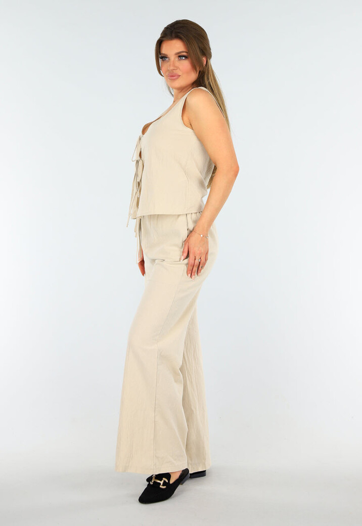 Beige Linnenlook Set met Gilet-Top en Wijde Broek met Striksluiting
