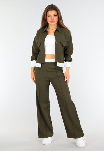 Tweedelige Khaki Set met Blouse Detail