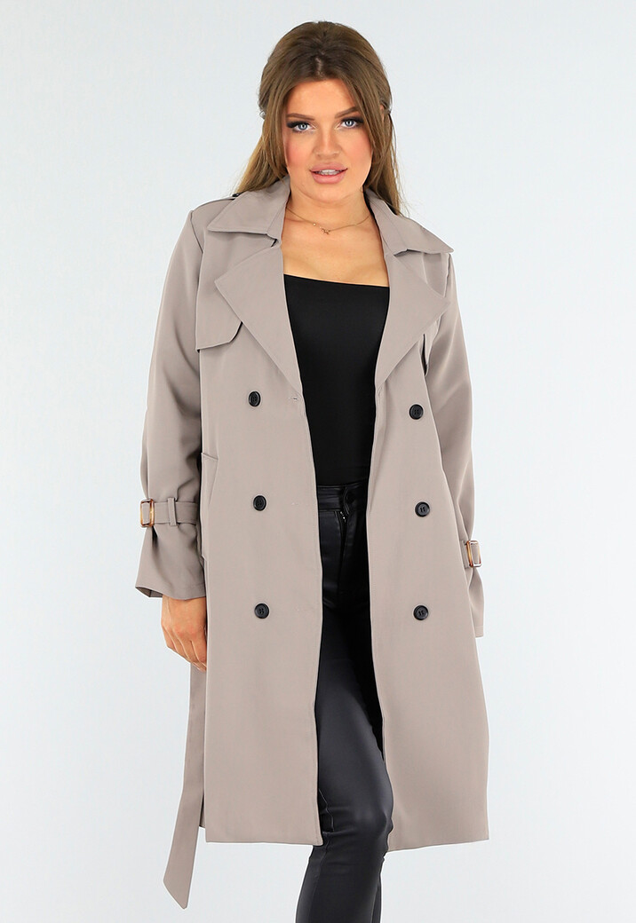 Taupe Trenchcoat met Knoopsluiting en Gespjes