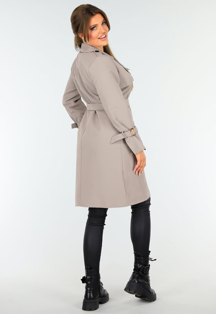 Taupe Trenchcoat met Knoopsluiting en Gespjes