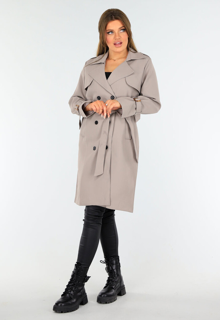 Taupe Trenchcoat met Knoopsluiting en Gespjes