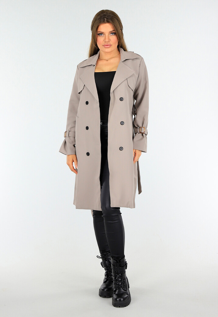Taupe Trenchcoat met Knoopsluiting en Gespjes