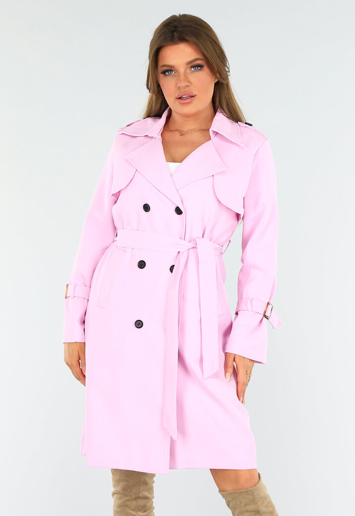 Felroze Trenchcoat met Gesp Detail en Knoop- en Striksluiting